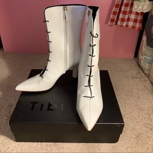NEW TIBI white leather boots with heels